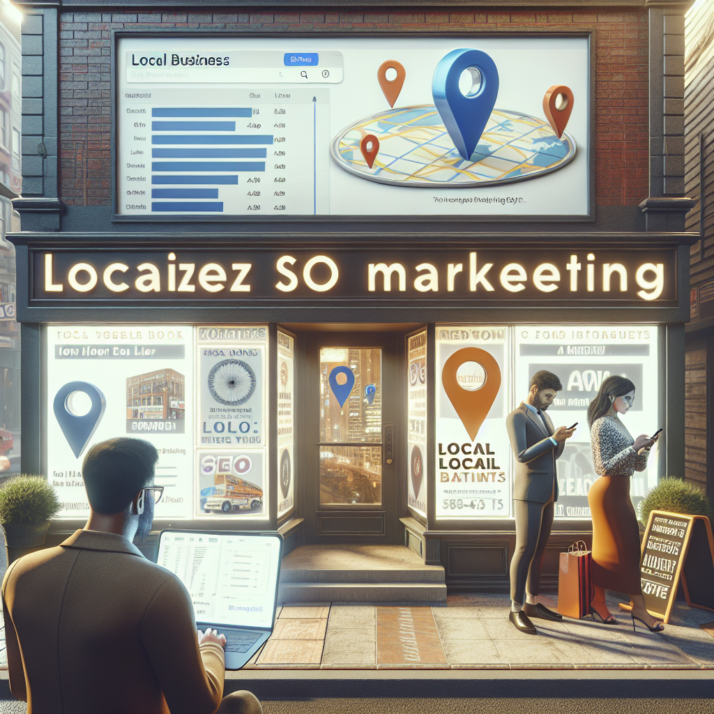 A realistic depiction of local SEO marketing with storefront and digital marketing elements.