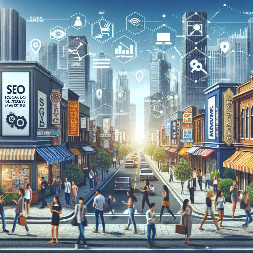 A realistic cityscape scene emphasizing local SEO marketing with storefronts, digital signages, and people using technology.