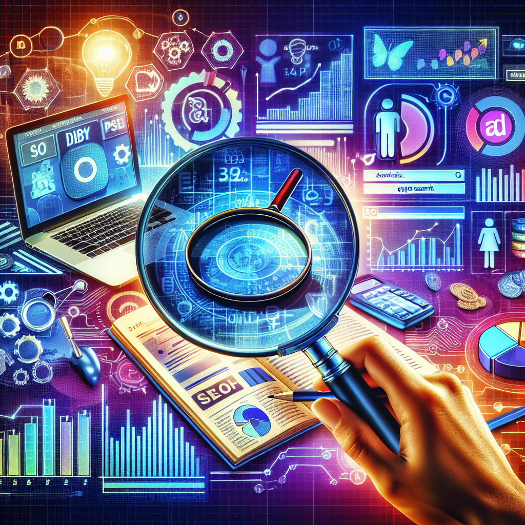 A realistic collage about SEO and PPC featuring graphs, charts, and digital marketing elements.