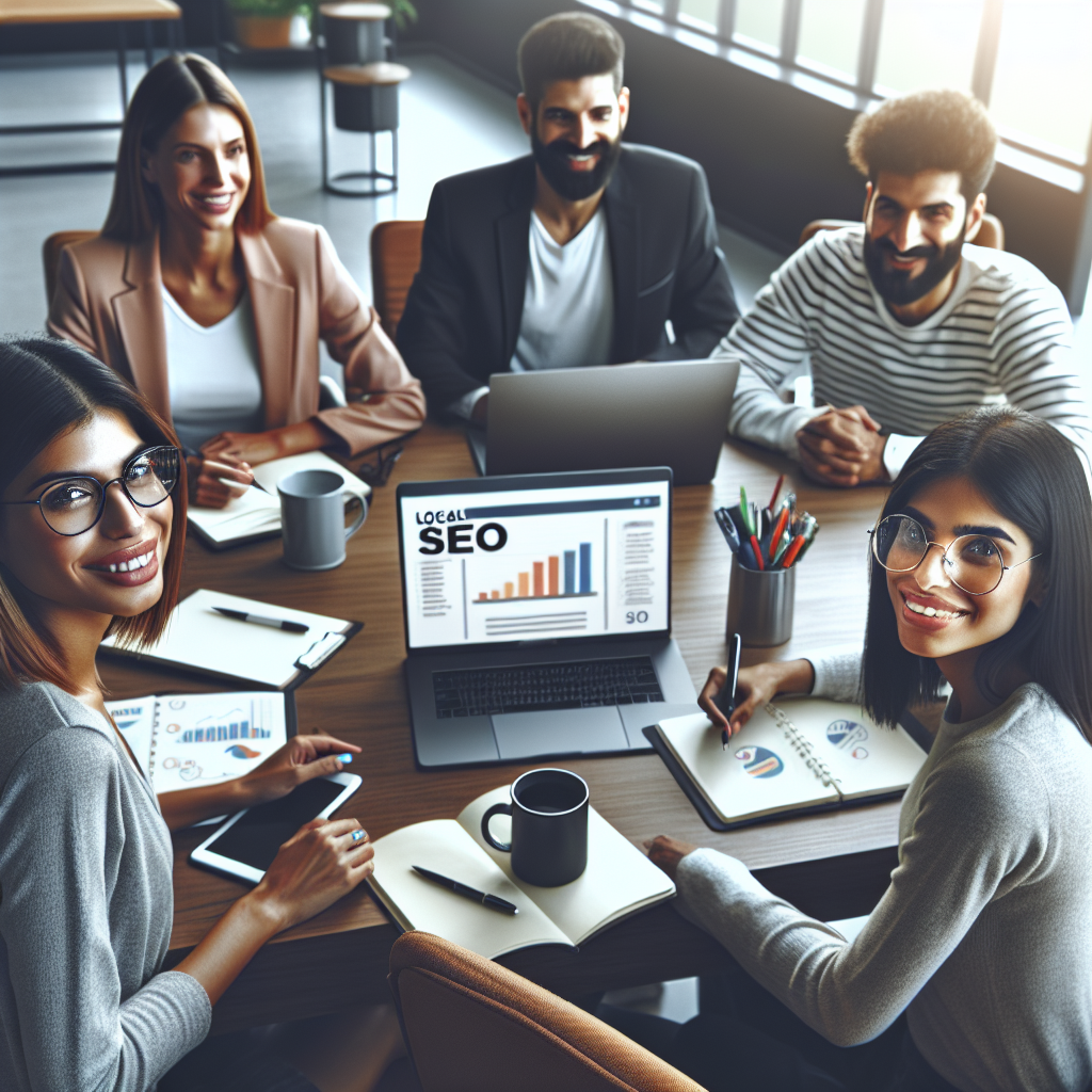 Realistic image of a local SEO team working at an office desk with SEO analytics displayed on a laptop.