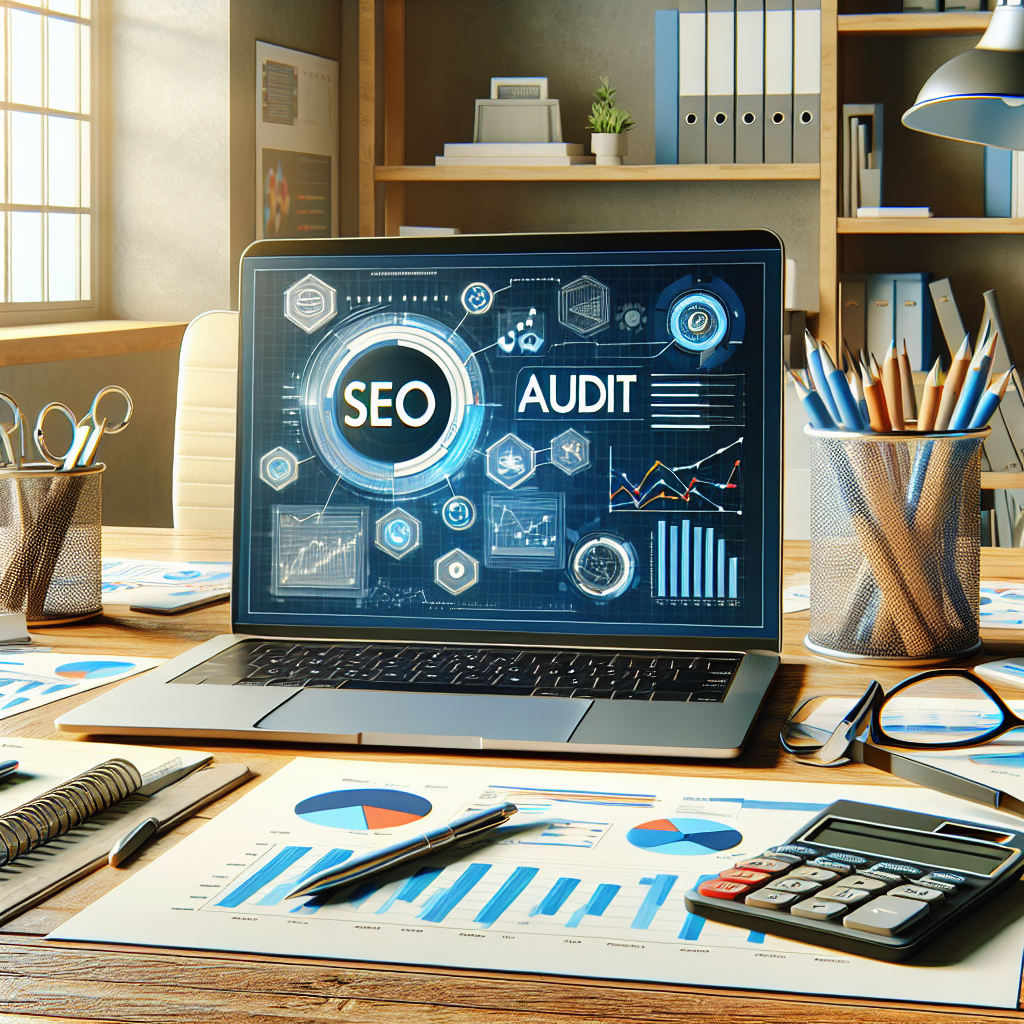 A professional workspace showing a modern laptop with an SEO audit report on the screen, surrounded by office supplies and analytical elements.