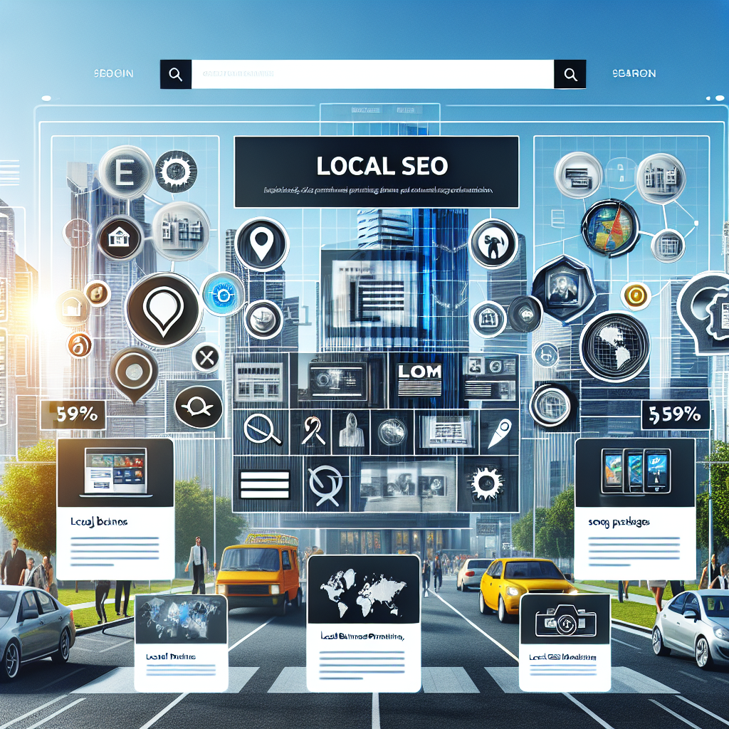 A visually appealing, realistic website layout emphasizing local SEO packages in an urban setting.