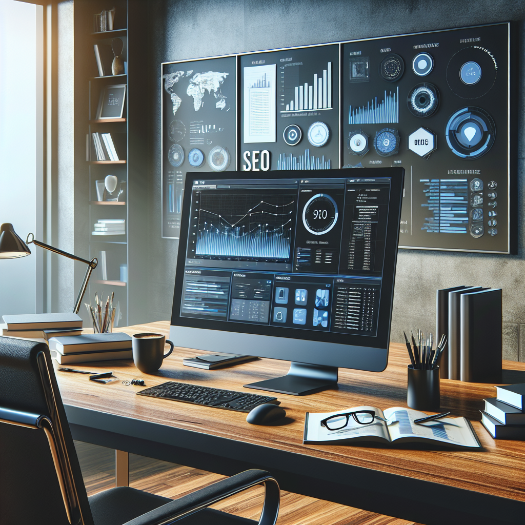 Modern workspace setup for SEO audit services showcasing a computer, analytics dashboard, and office documents.