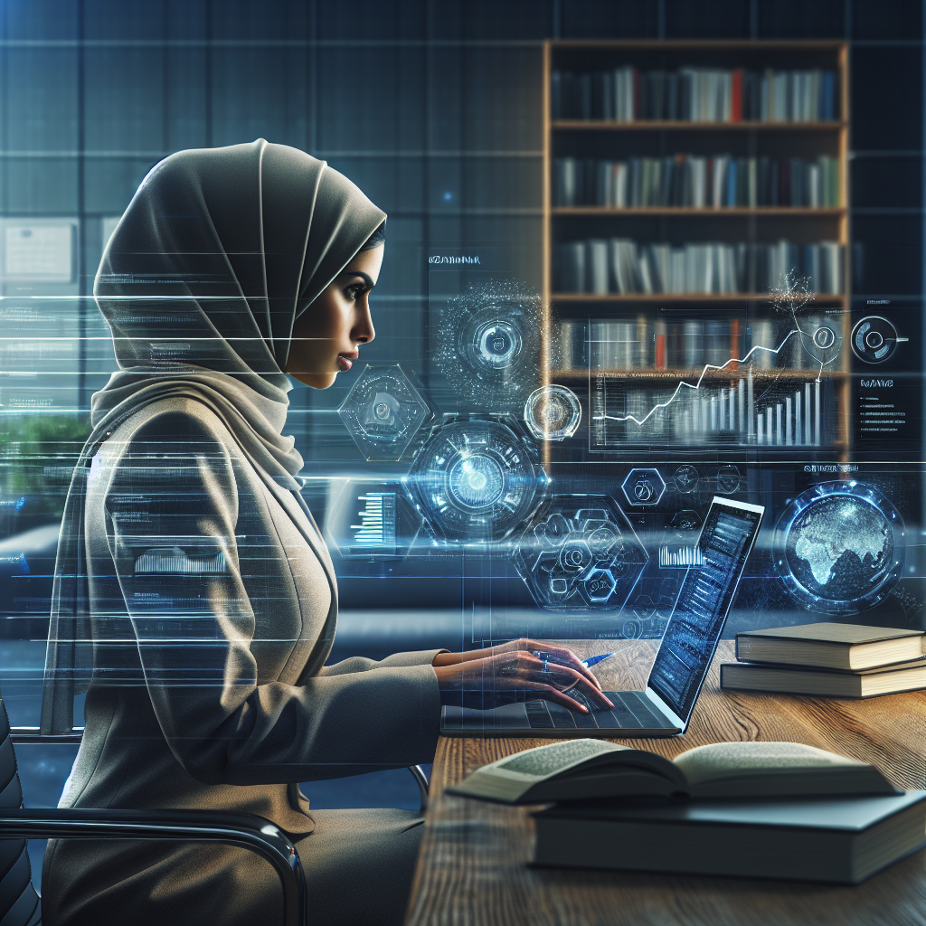 SEO expert working on a laptop in a modern office with digital marketing data and tools displayed.