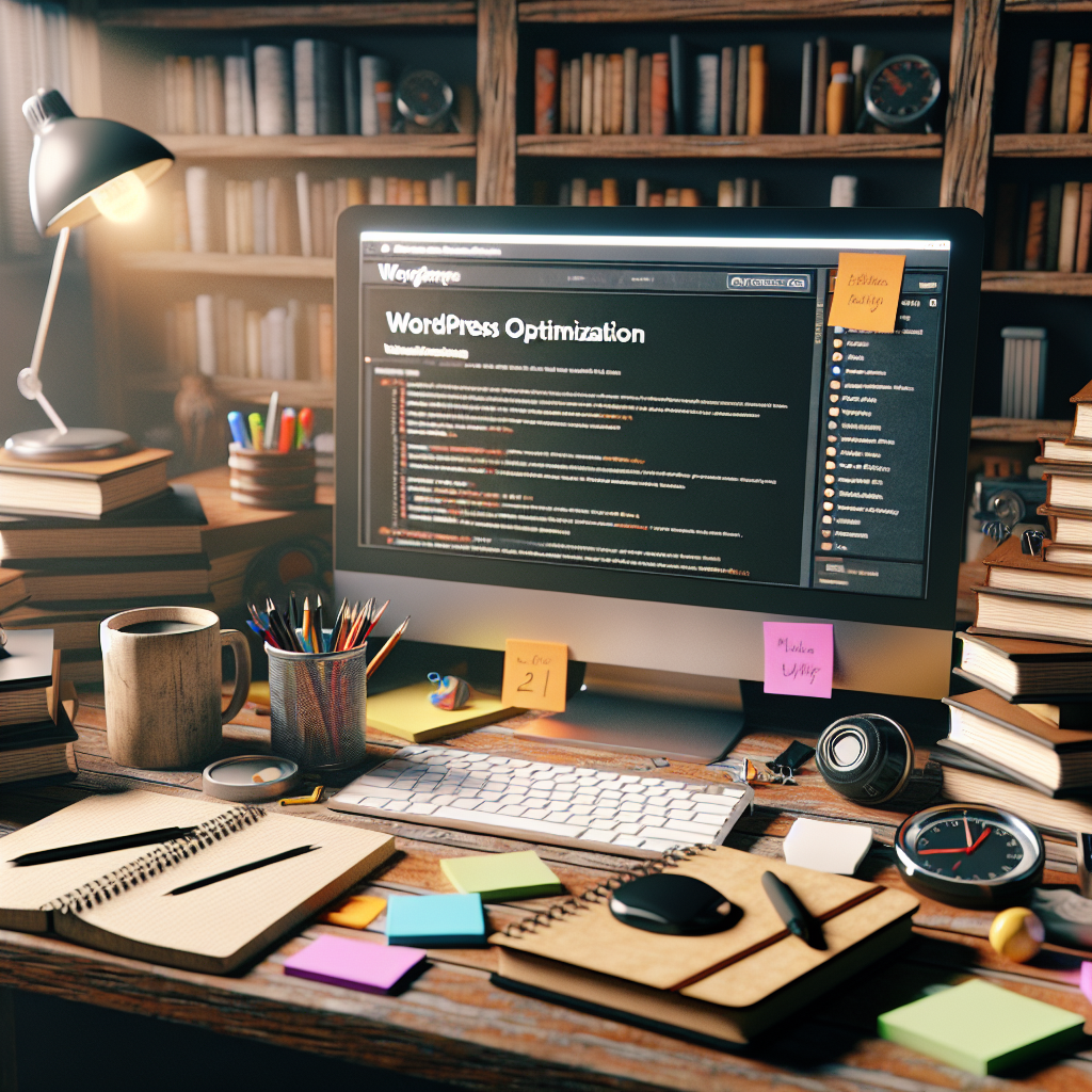 A realistic depiction of a workspace focused on WordPress optimization.