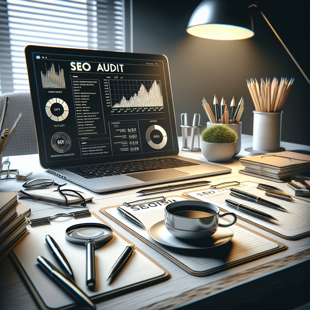 A professional desk setup for SEO audit services, with a laptop displaying analytics, notepads, pens, and a cup of coffee, set in a realistic and organized environment.