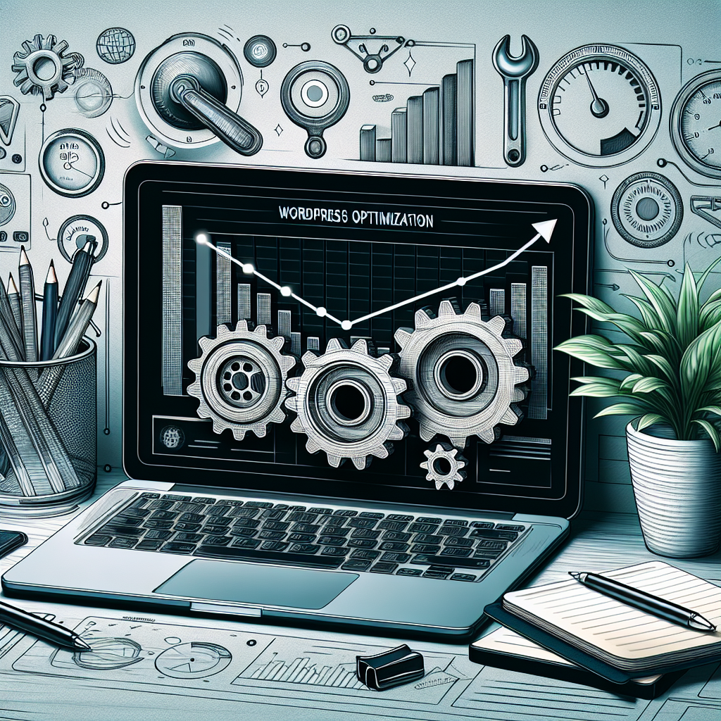 A realistic depiction of a modern laptop on a desk showcasing WordPress optimization tools on the screen, surrounded by optimization symbols.