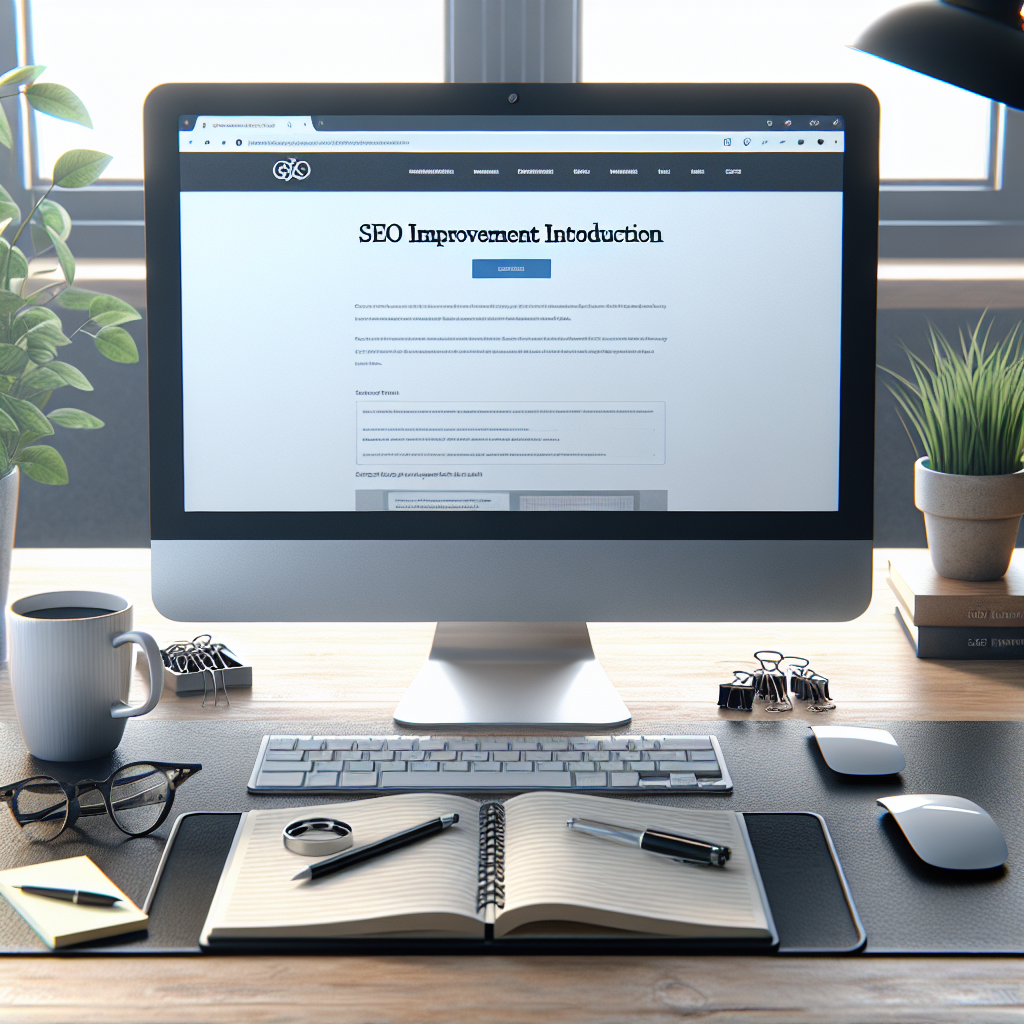 An office desk with a computer displaying a webpage titled 'SEO Improvement Introduction'.