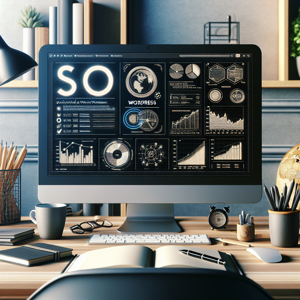 A modern workspace showcasing WordPress SEO services with detailed analytics on a computer screen.