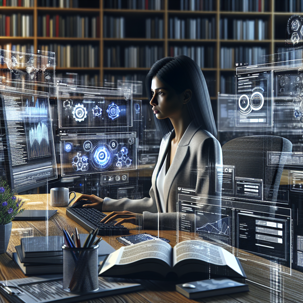 An SEO expert using modern techniques in an office setting with multiple computer screens displaying various SEO tools and analytics.