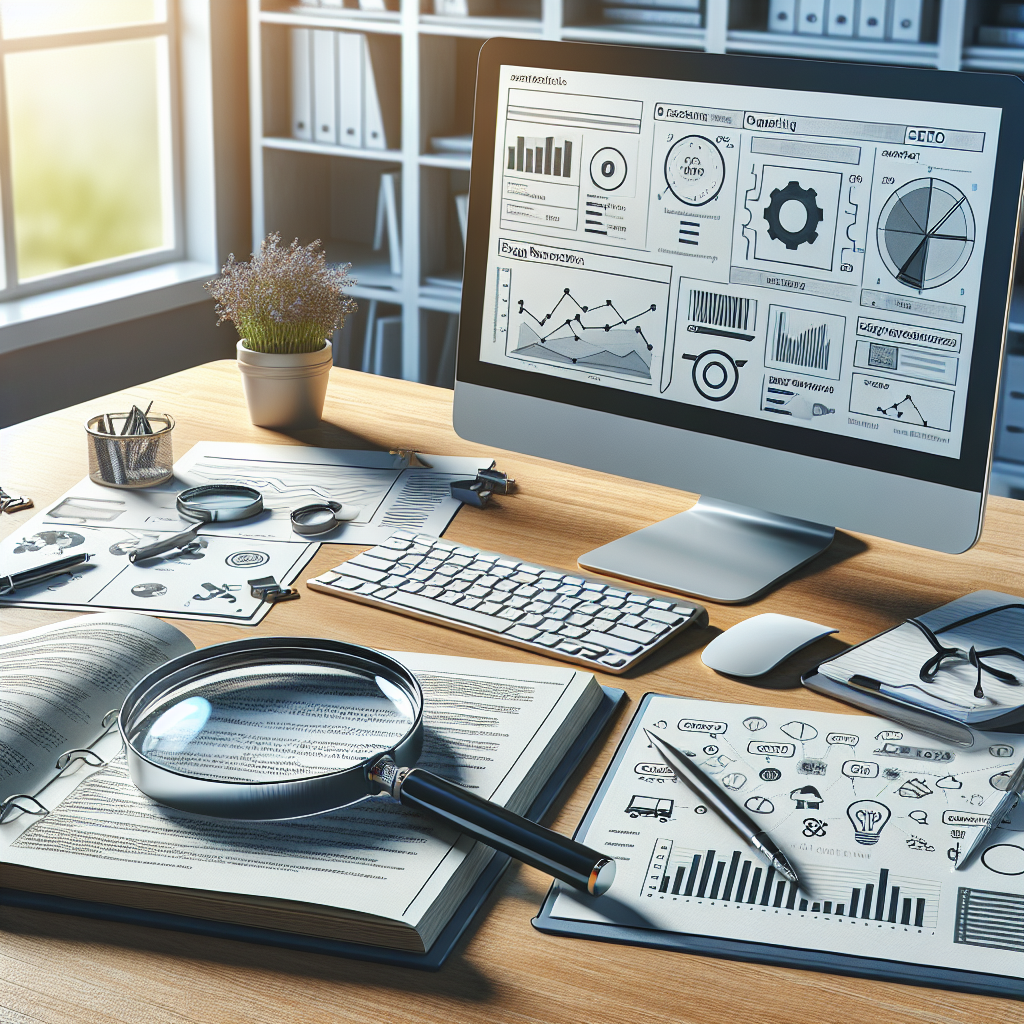 An illustration of SEO tools and techniques, including a computer screen, magnifying glass, and notepad with strategies.