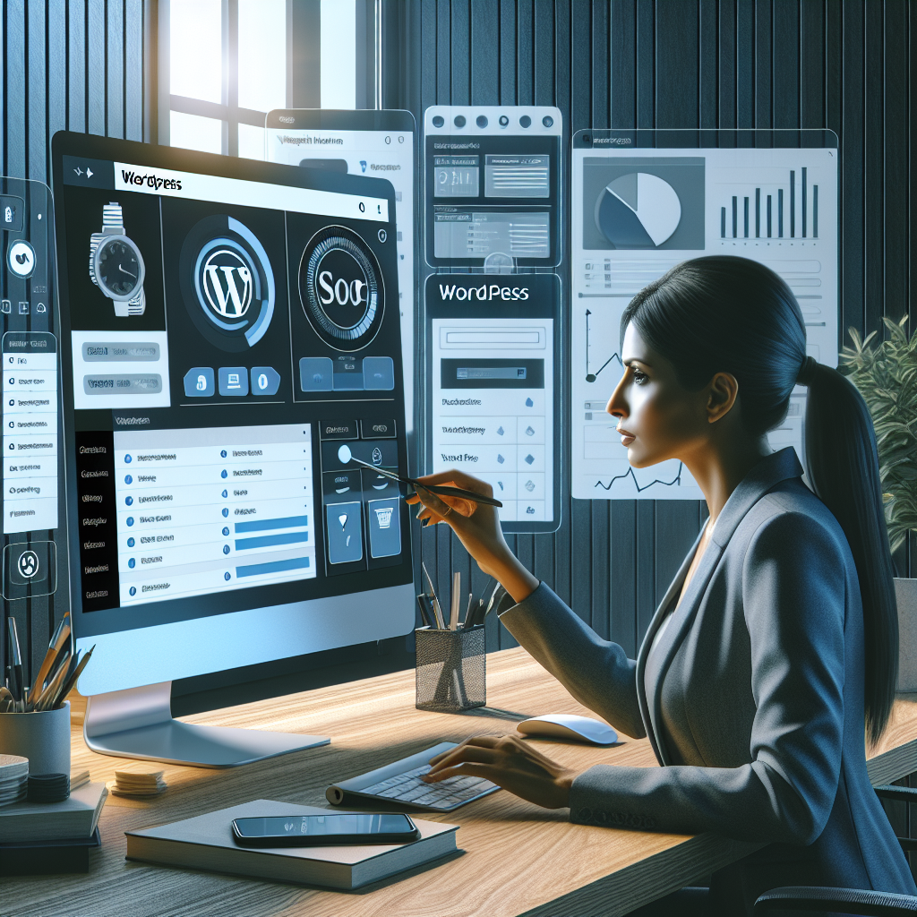 Realistic depiction of WordPress SEO services in a modern office setting