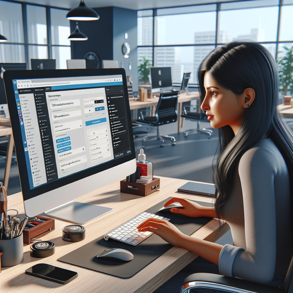 Professional performing WordPress maintenance on a computer in a modern office.