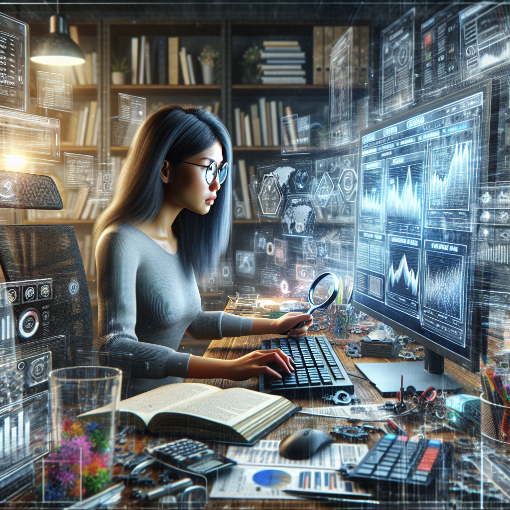 Realistic image of an SEO expert using advanced techniques on a computer, surrounded by gadgets and analytics charts.