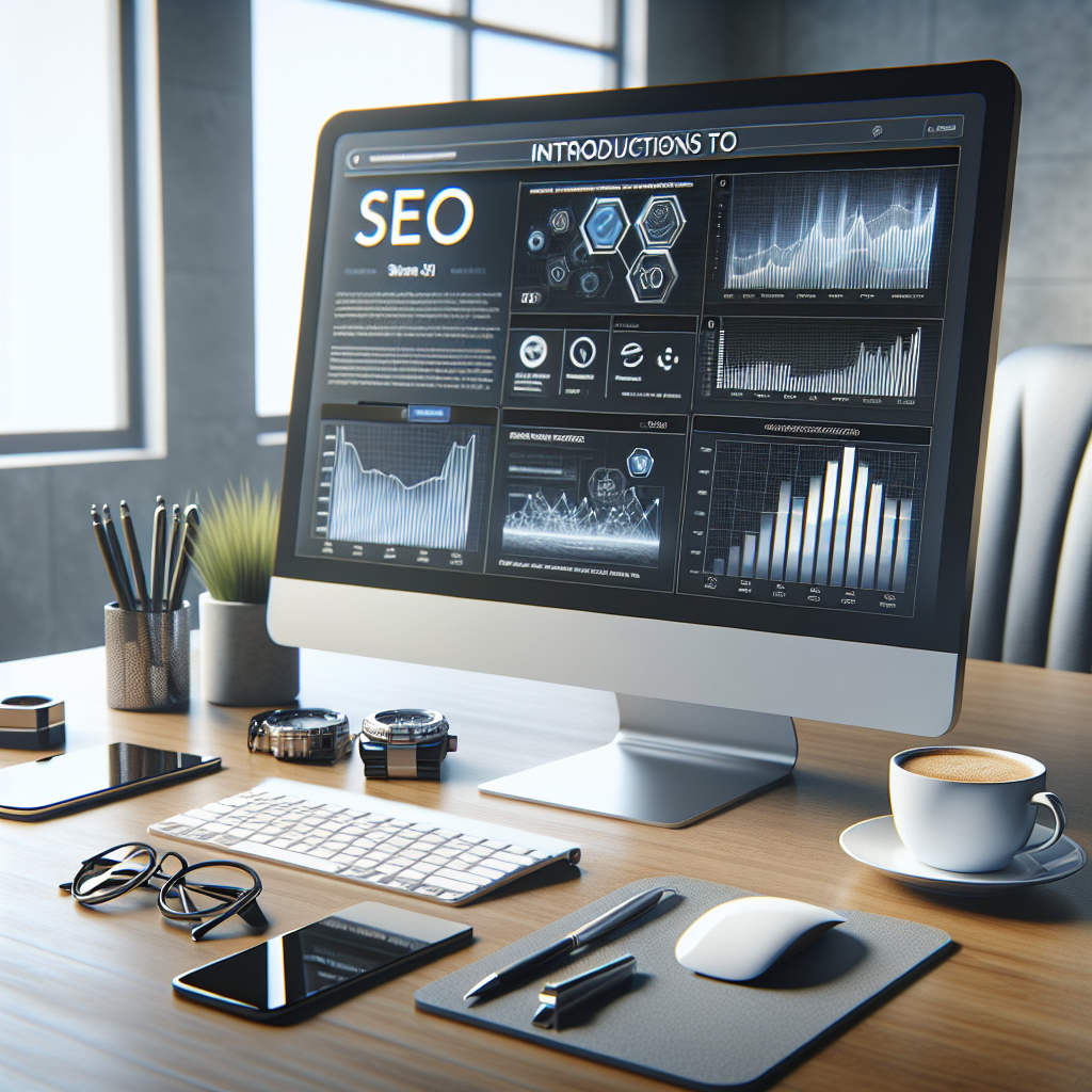 A realistic image of an office desk with various SEO tools displayed on a computer screen.