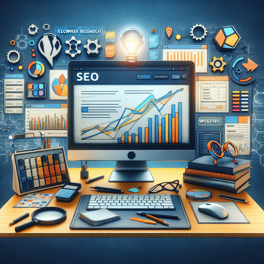 Realistic representation of WordPress SEO with a computer showing SEO tools and analytics.