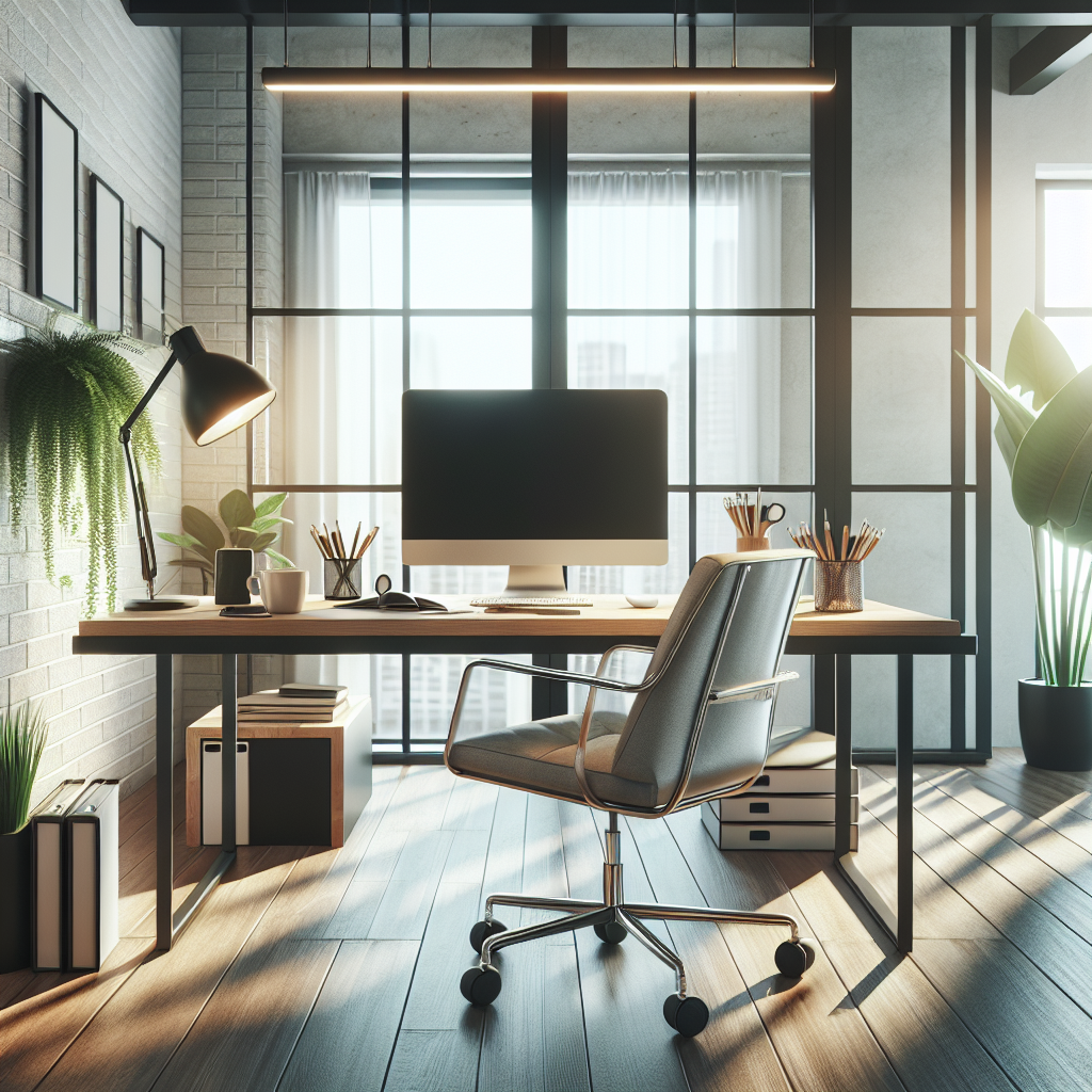 A modern, realistic office workspace with a desk, computer, chair, and office supplies.