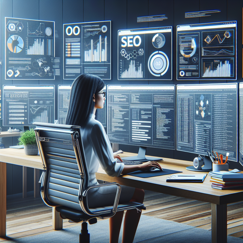 A realistic image of an SEO expert analyzing data on multiple monitors in a modern workspace.