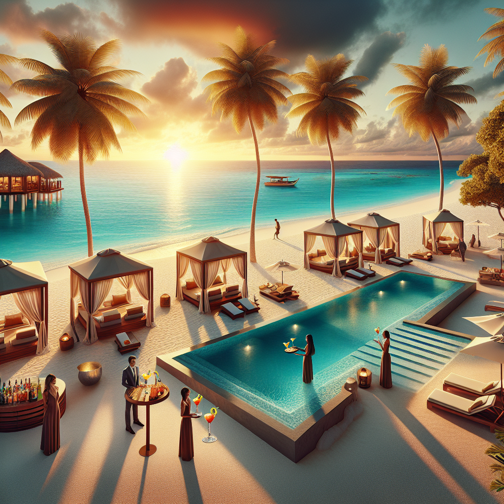 A luxury beach resort at sunset, with private cabanas, sun loungers, and an infinity pool, promoting discount luxury travel.