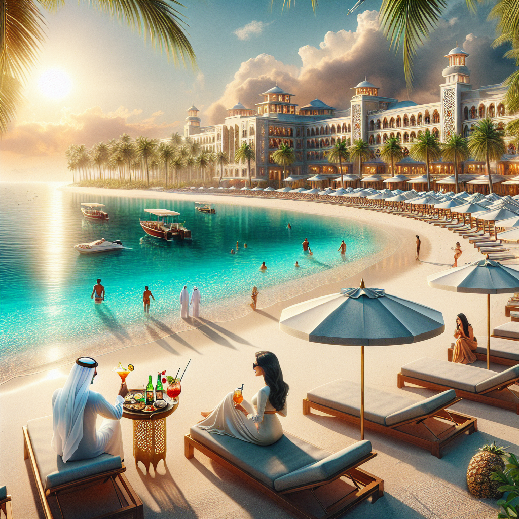A luxurious tropical beach with clear waters, white sand, and a beautiful resort in the background.