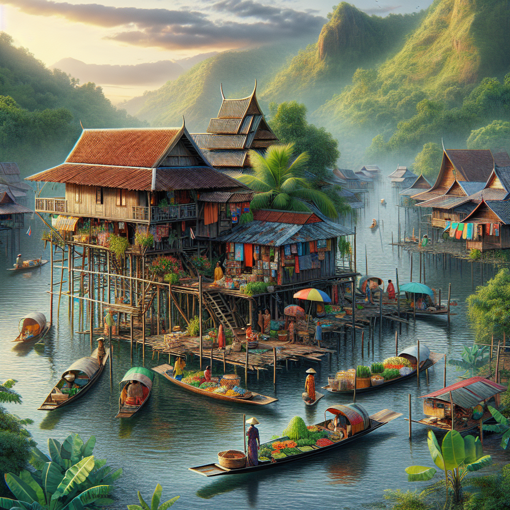 A realistic scene from a Southeast Asia travel guide featuring traditional stilt houses, tropical greenery, locals in traditional attire, and a floating market with vibrant colors.
