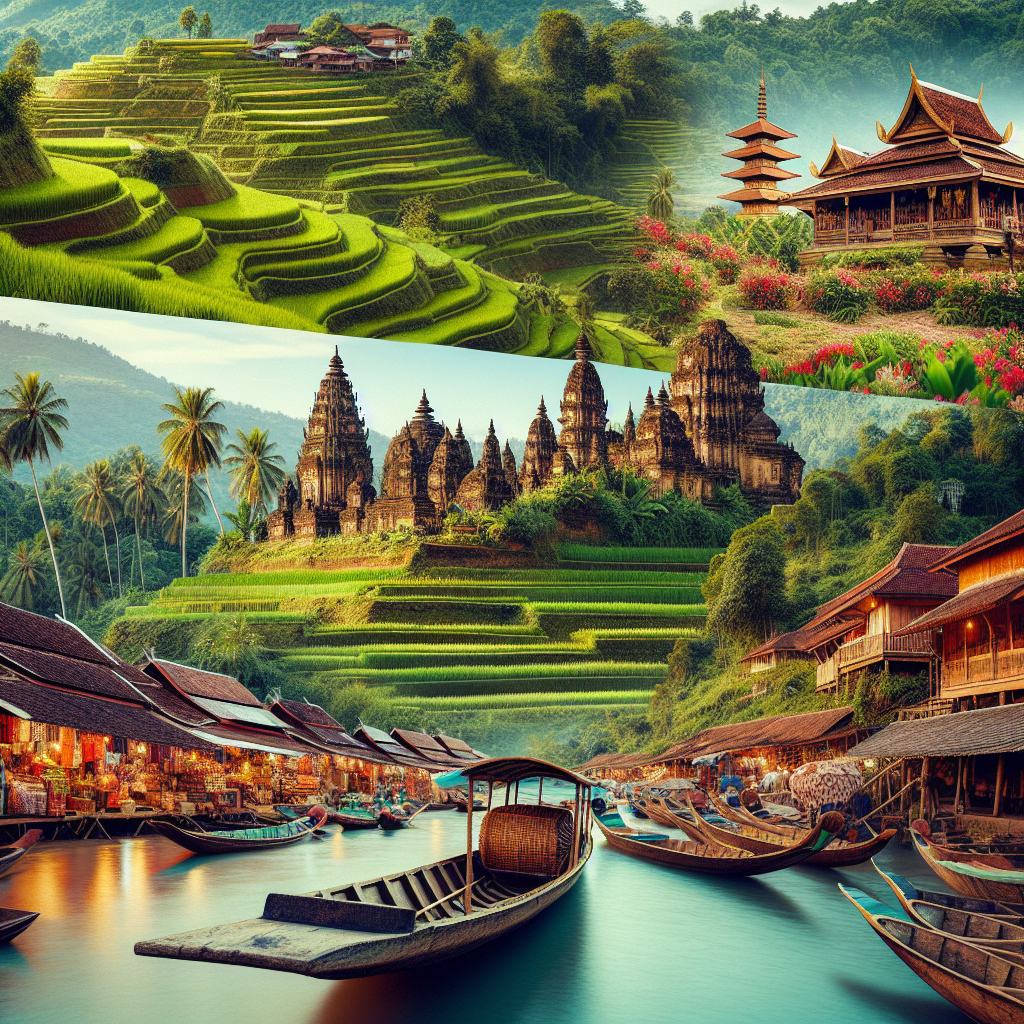 A realistic image of a Southeast Asian landscape with rice terraces, temples, markets, and boats.