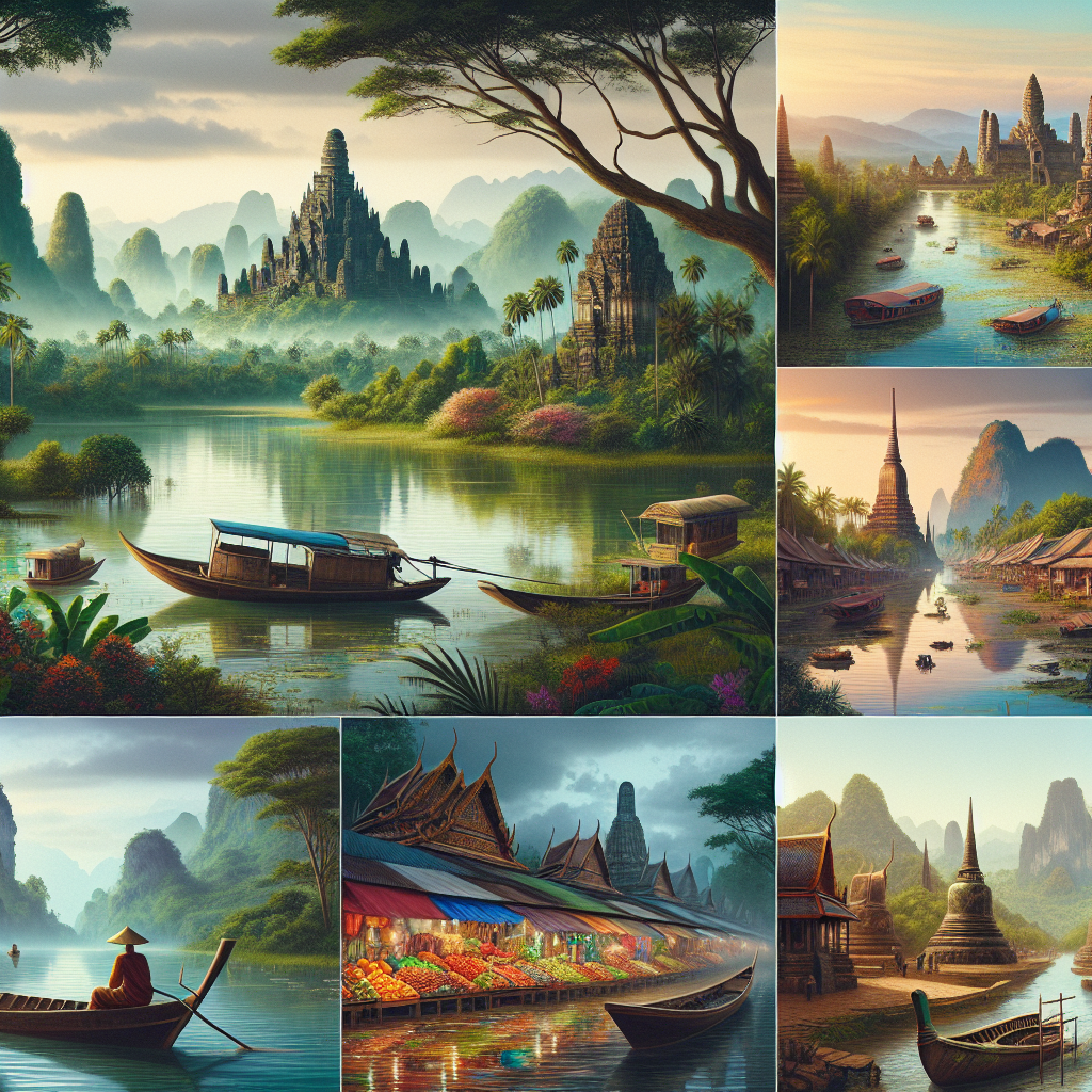 A realistic image of Southeast Asia travel scenery with markets, boats, landscapes, and temples.