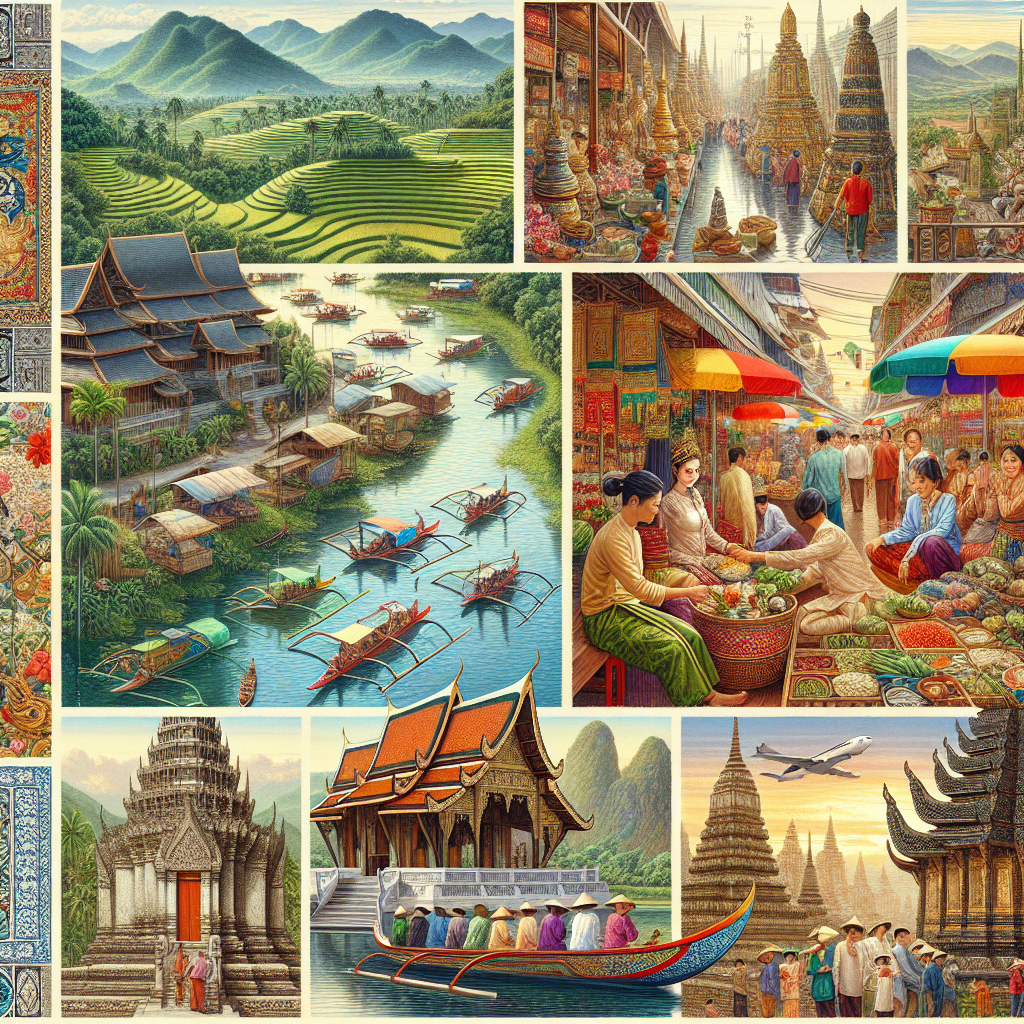 A realistic scene of Southeast Asia with rice terraces, traditional boats, street markets, temples, and people in traditional attire.