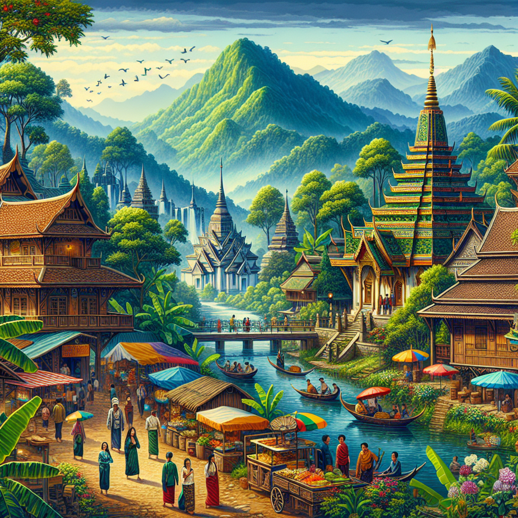 A realistic image of a Southeast Asian travel destination with lush landscapes, traditional architecture, and local cultural elements.
