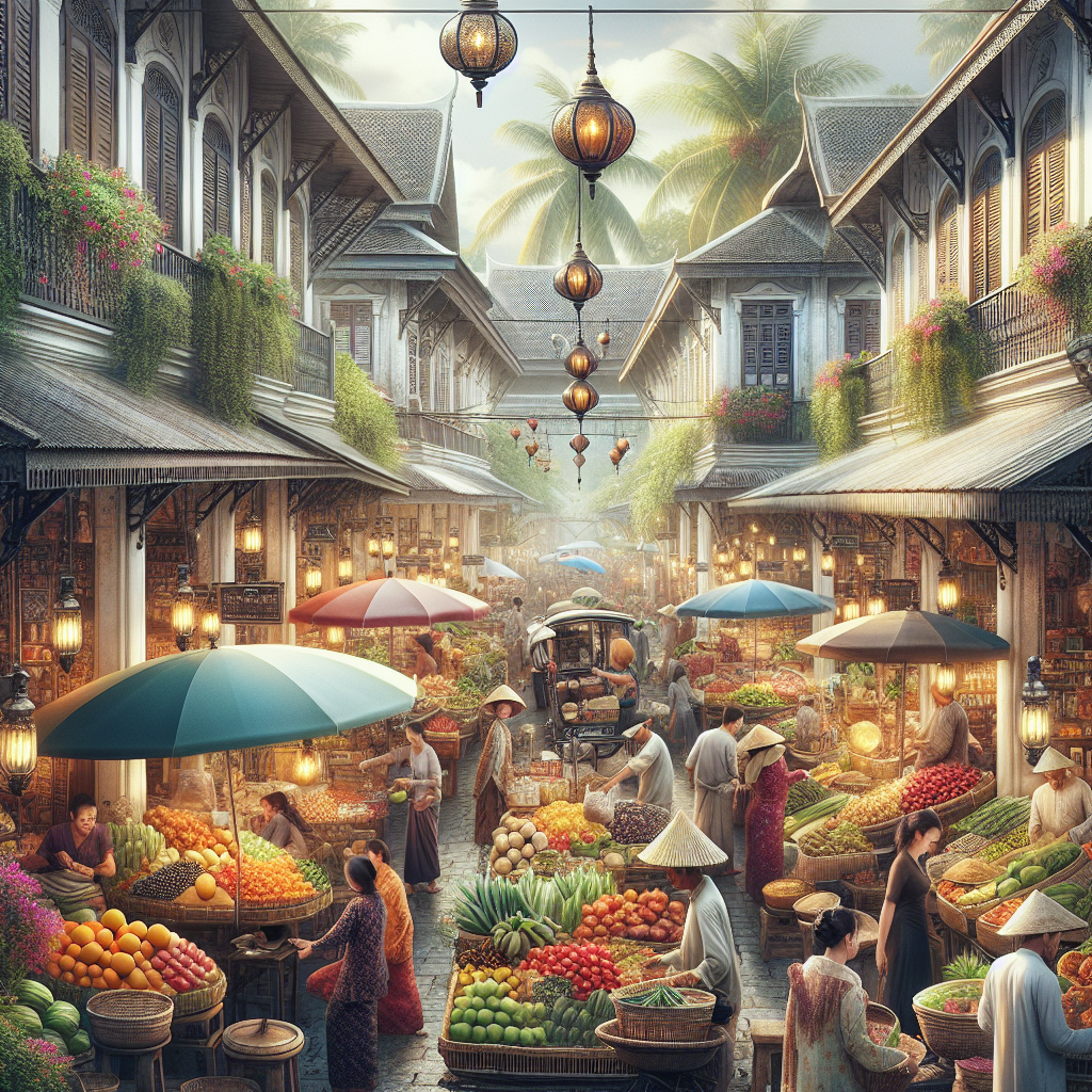 Realistic depiction of a bustling South-East Asian market street.