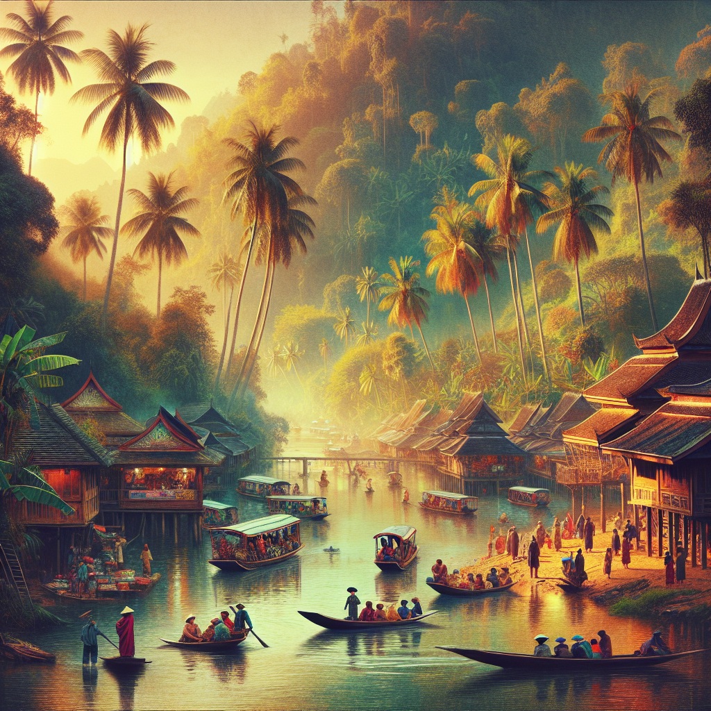 A realistic travel scene in Southeast Asia with lush landscapes, vibrant markets, traditional boats, and historic temples.