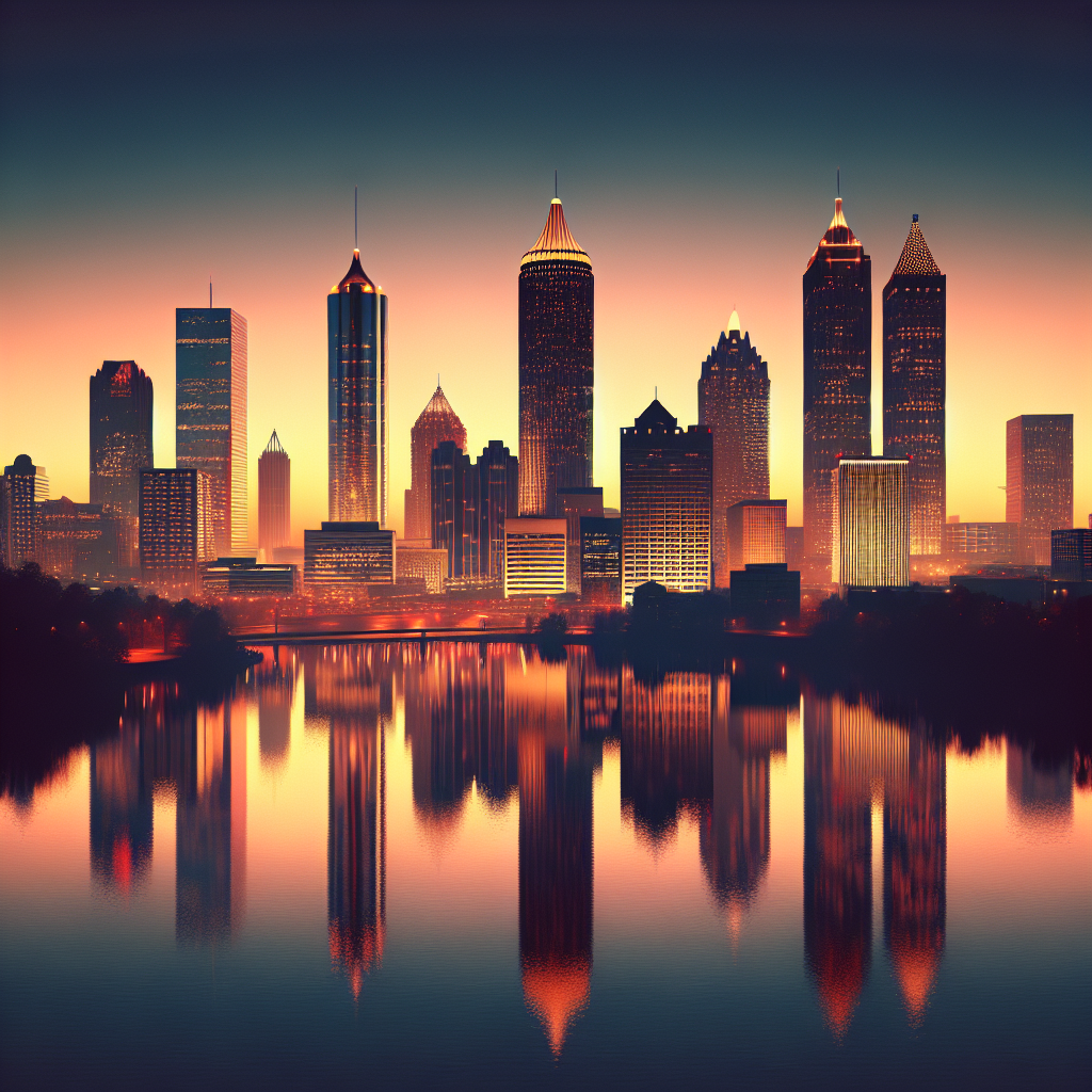 Realistic depiction of the Atlanta skyline at dusk with warm sunset colors and city lights.
