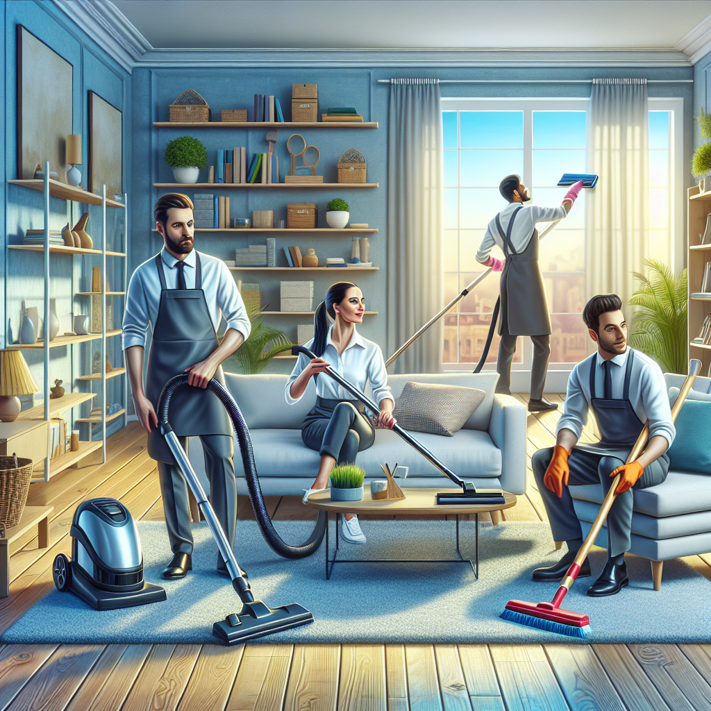 Professional house cleaners working in a modern, tidy living room.