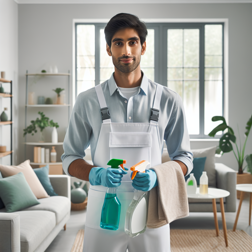 A professional house cleaner in a modern, tidy living room, holding eco-friendly cleaning products with natural lighting.