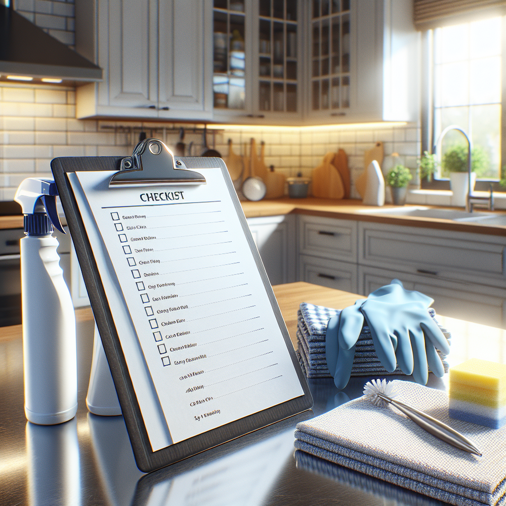 A house cleaning checklist on a kitchen countertop with cleaning supplies.