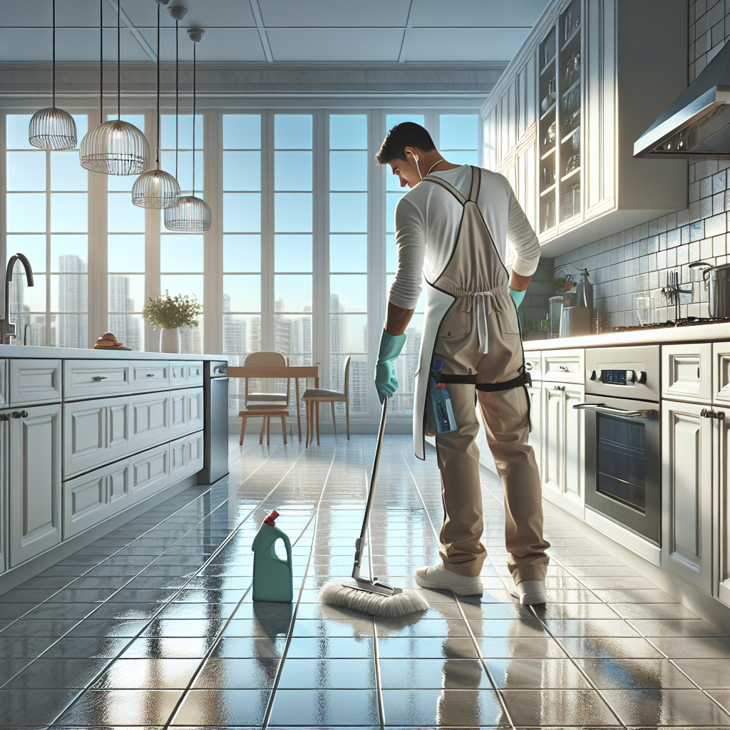 A professional cleaner scrubbing tile grout in a spotless, modern kitchen with eco-friendly products.