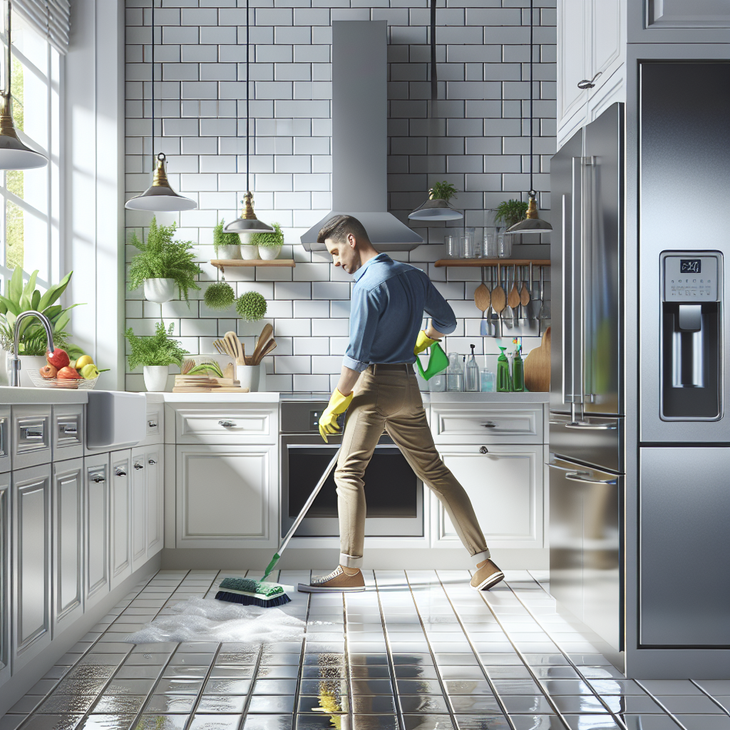 A realistic scene of deep cleaning a modern kitchen, showcasing tile grout scrubbing and appliance cleaning.