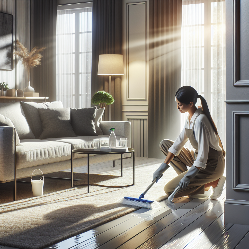 A professional cleaner performing deep cleaning in a modern living room.