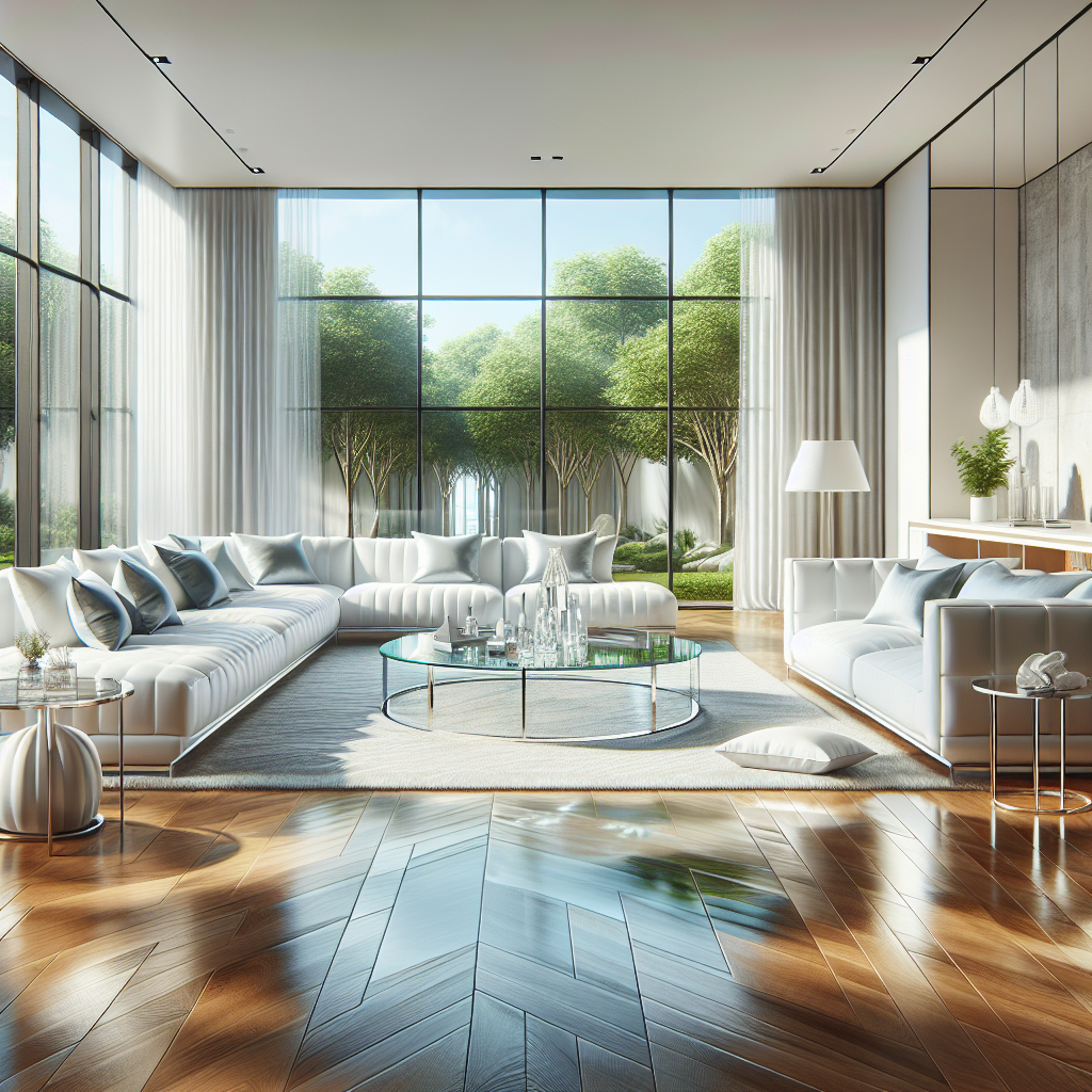 A spotless living room with polished wooden floors, a glass coffee table, and white sofas, showcasing a pristine post-cleaning environment.