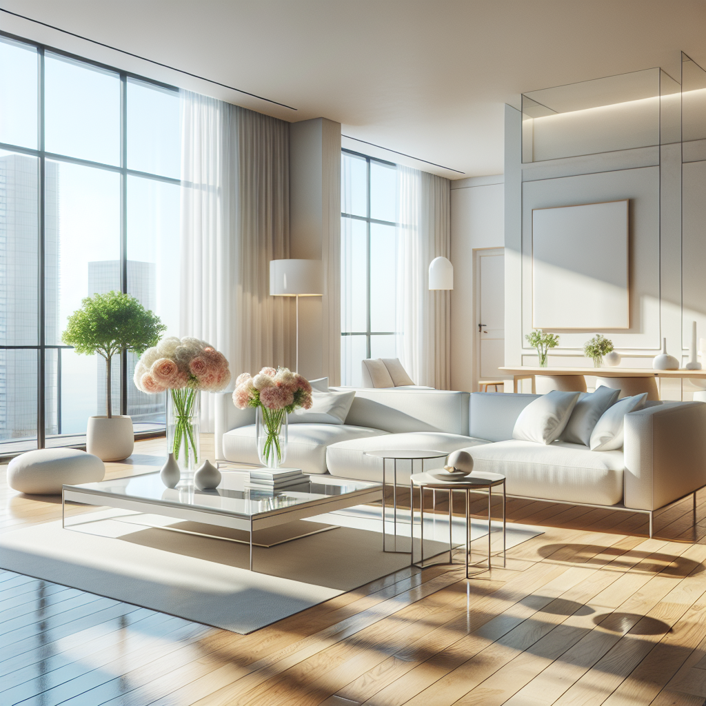 A realistic depiction of a modern, clean living room with minimalist furniture and bright natural lighting.