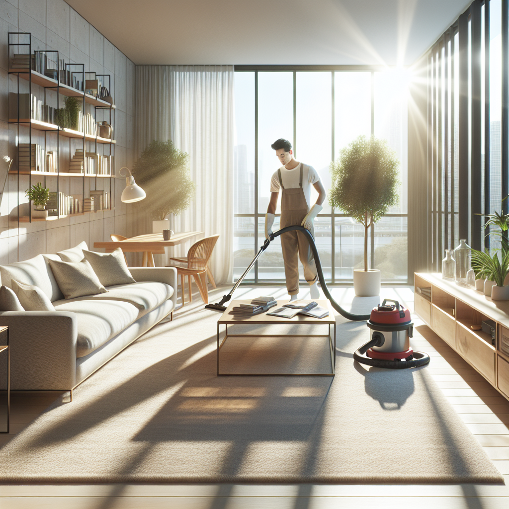 A professional cleaner vacuuming a clean and cozy modern living room.