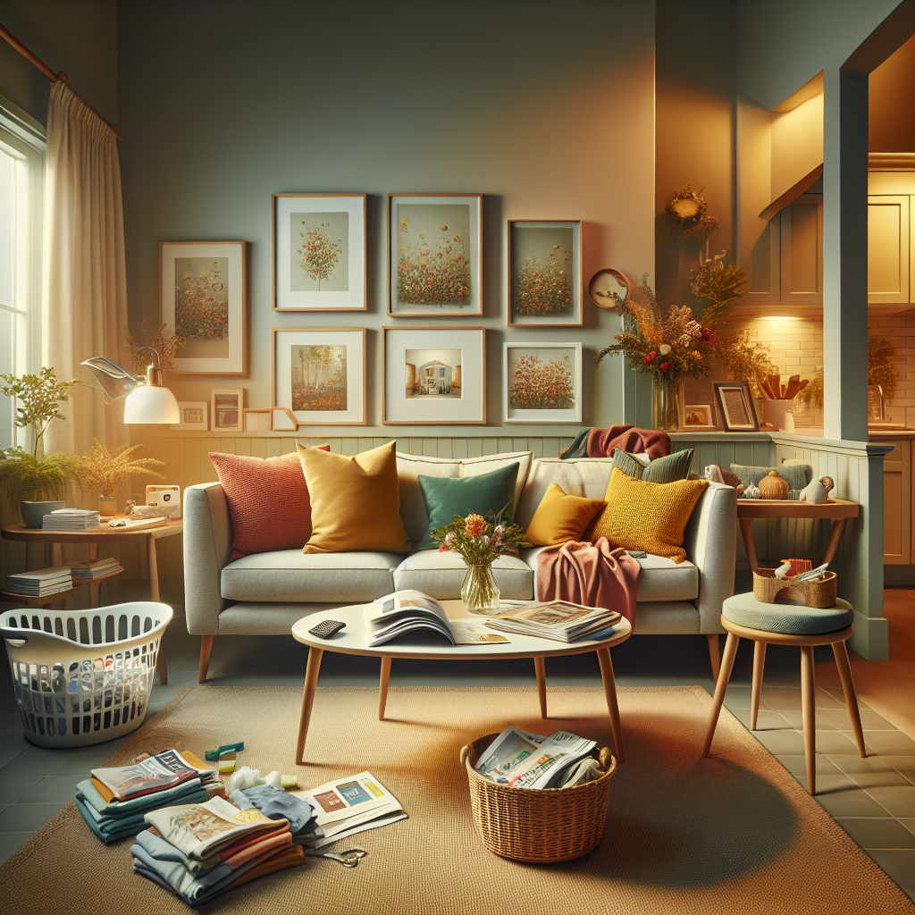 A tidy living room showcasing the results of a customized cleaning plan with a cozy sofa, colorful pillows, a neat coffee table, and natural lighting.