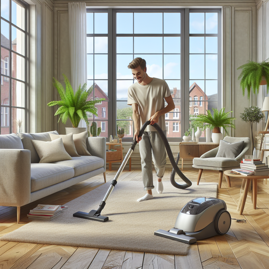 A cozy living room being cleaned by a person vacuuming a beige carpet near a grey sofa.