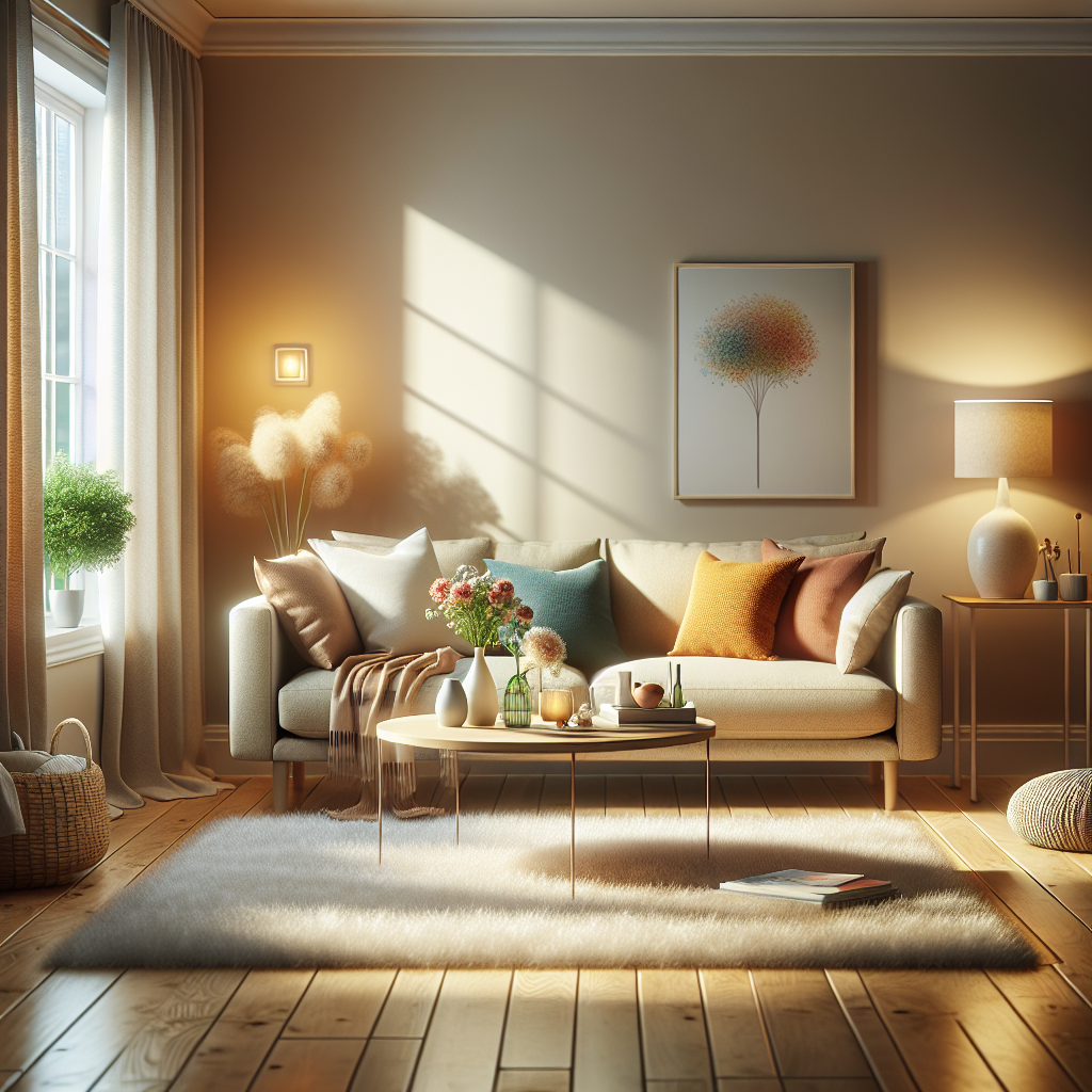 A clean and cozy living room with a beige sofa, coffee table, and minimalist decor.