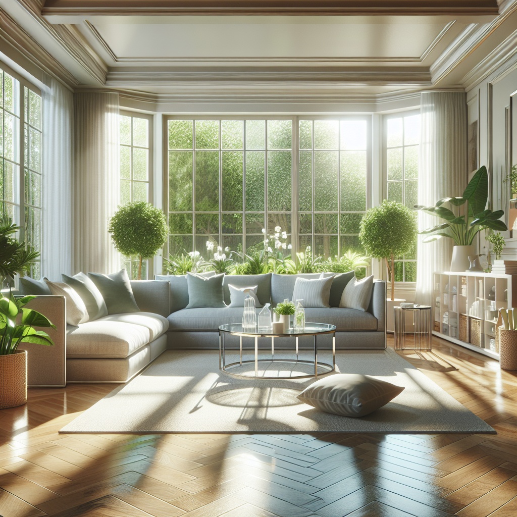 A clean and organized living room with polished wooden floors and a gray sofa.