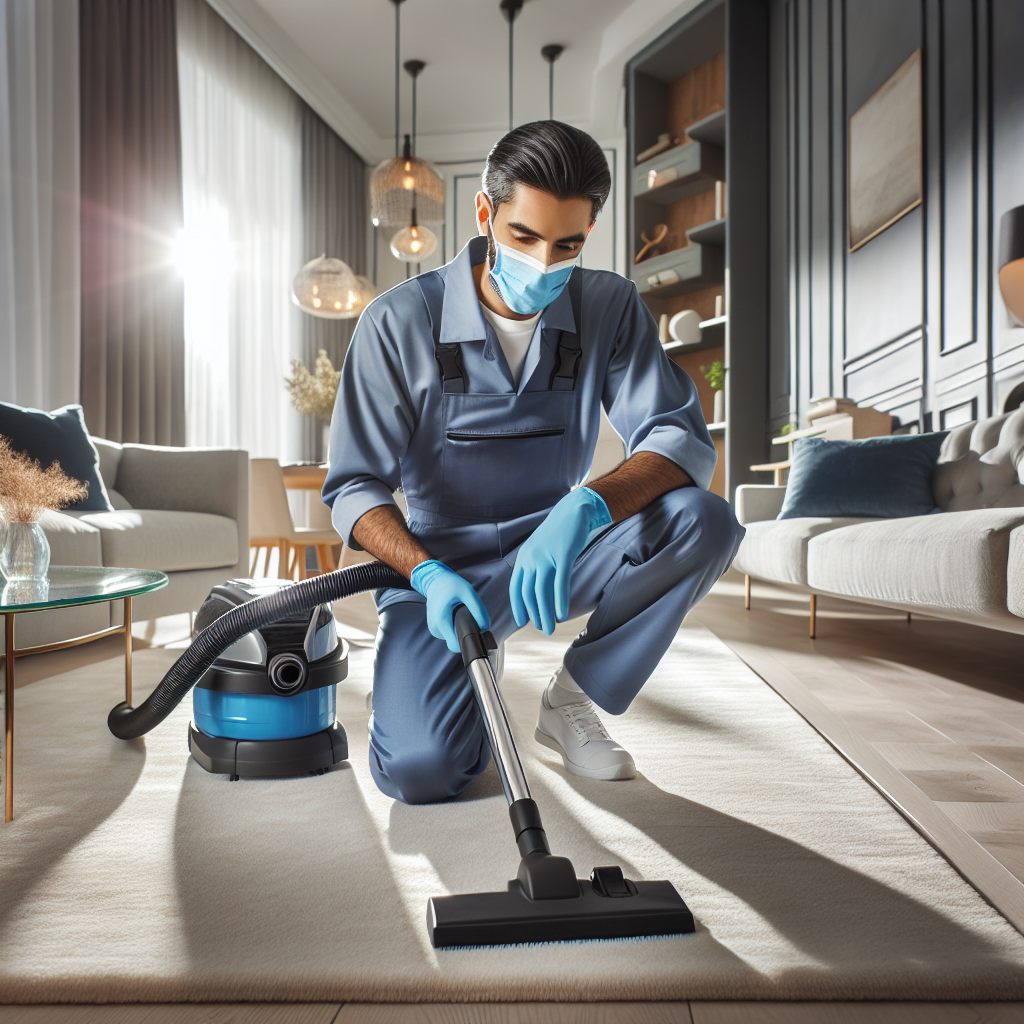 Professional cleaner deep cleaning a modern living room with advanced tools.