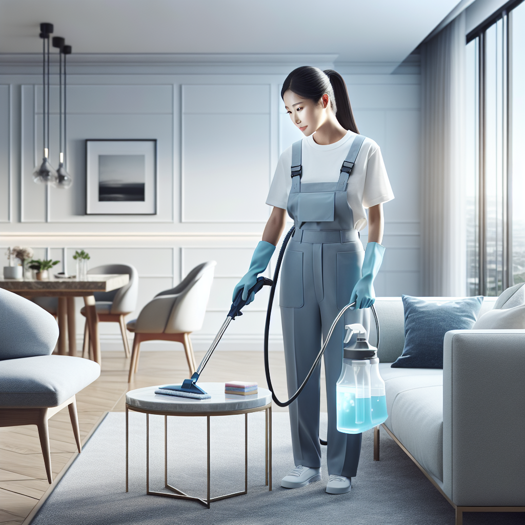 Professional cleaner deep cleaning a modern living room, showcasing advanced tools and sanitized high-touch areas.