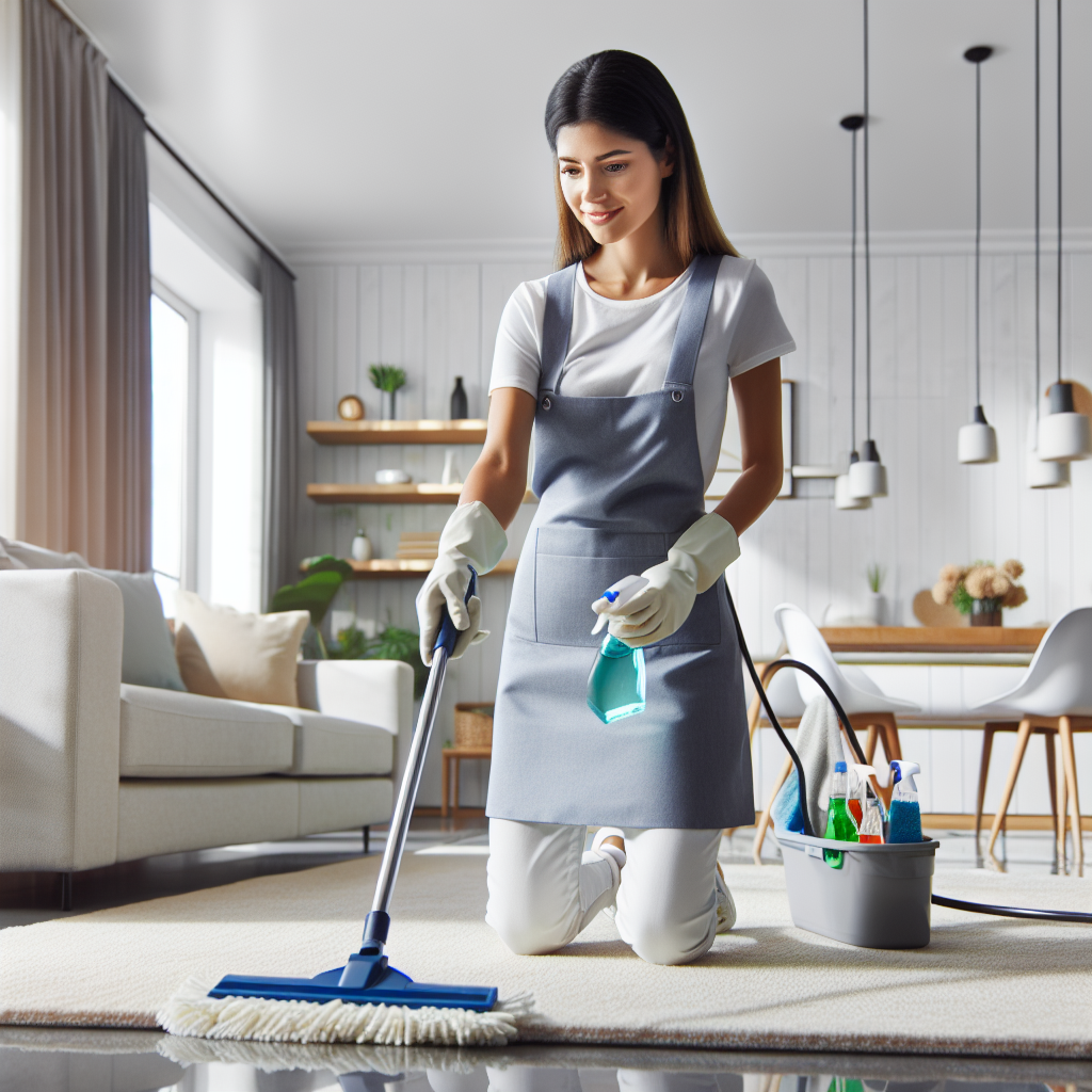 A deep clean specialist meticulously cleaning a modern home, showcasing pristine and sanitized surfaces.