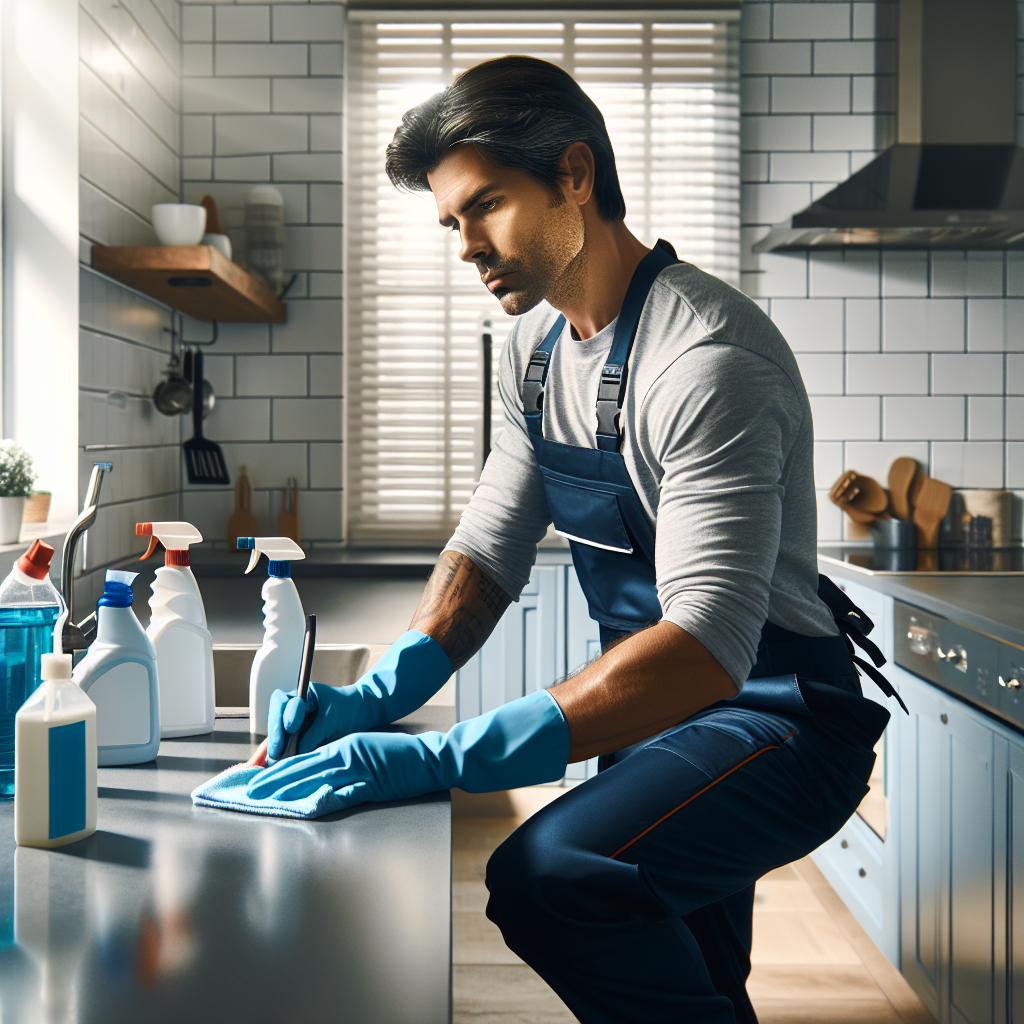 A professional deep clean specialist cleaning a modern, spotless kitchen with stainless steel appliances.