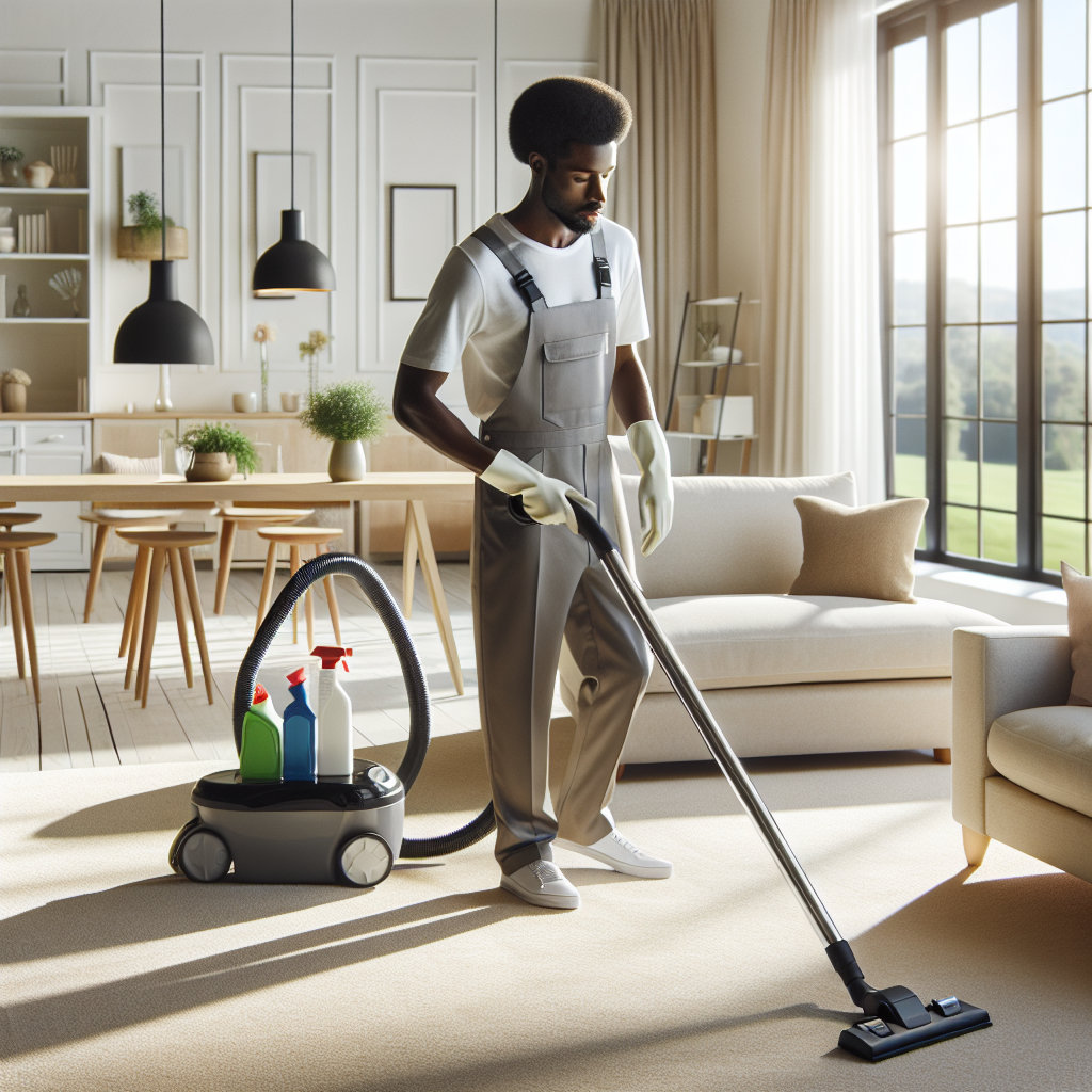 Professional cleaner vacuuming a spotless living room with natural light and eco-friendly cleaning supplies.